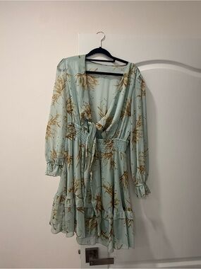 Light Blue Floral Wrap Dress with Ruffle Hem